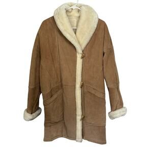 VTG Wilson’s Tan Leather Women’s Coat Medium Faux Fur Lined Winter Shoulder Pads